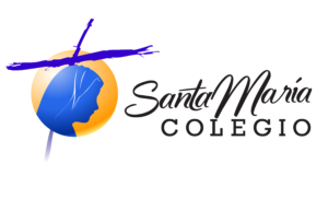 Logo Colegio Santa María, tiene la silueta de la virgen dentro de un círculo con la cruz representativa de la fundación, además del texto: Santa María colegio